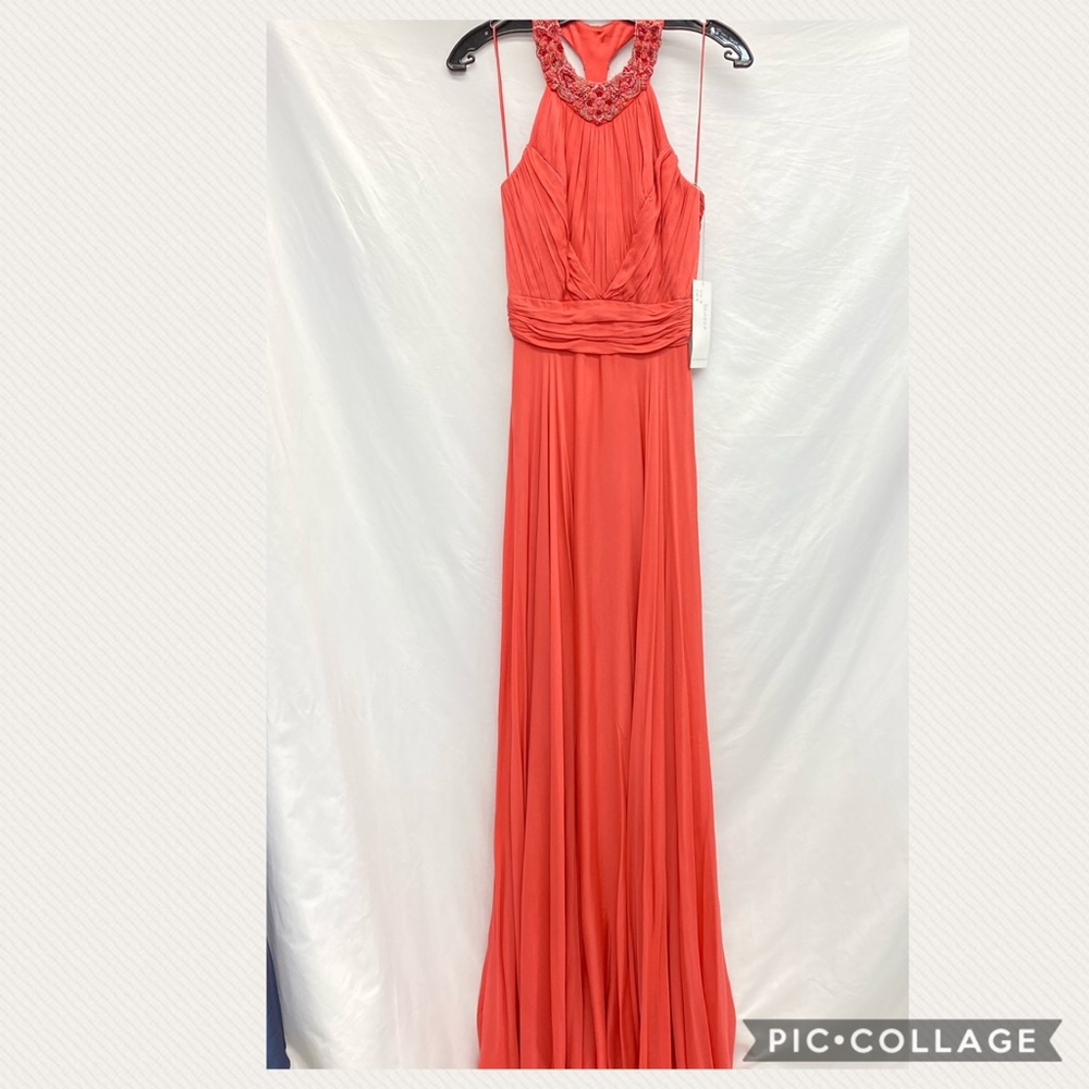 Theia halter sleeveless beaded Neckline long evening Gown - Picture 3 of 6